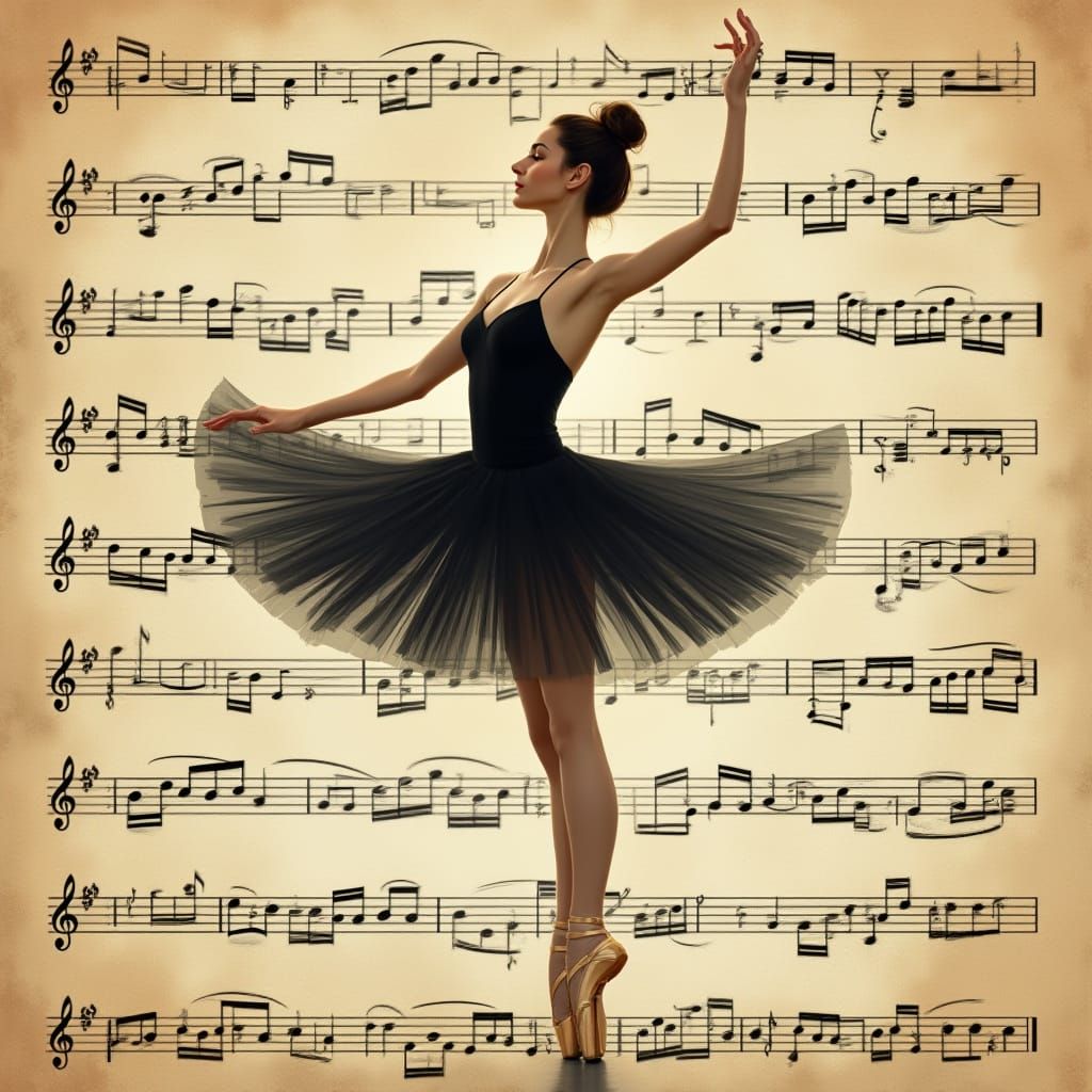 Ballerina in Arabesque with Musical Notes