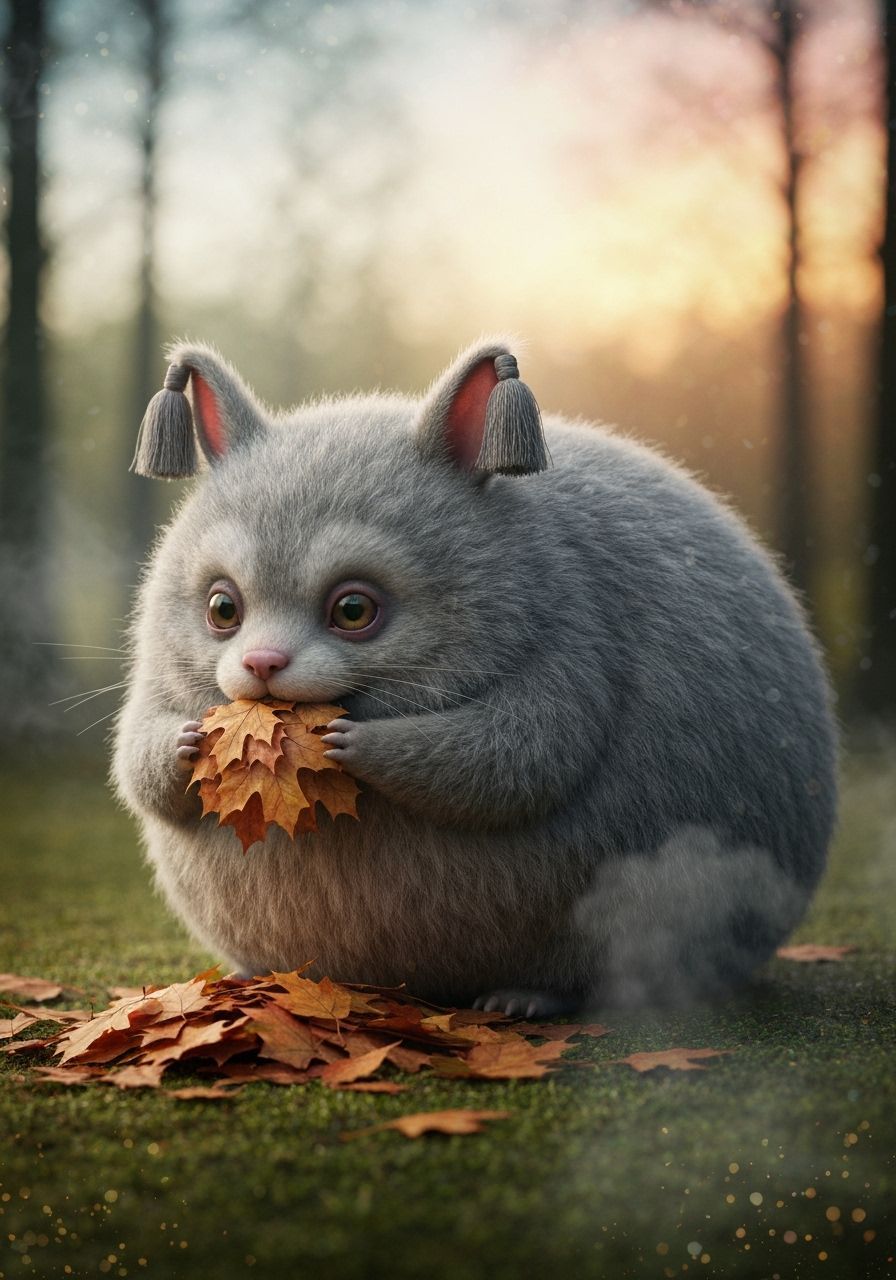 Fluffy Round Alien Creature in Autumn Forest Glade