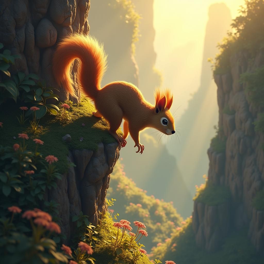 Squirrel Cliffhanger in Lush Fantasy Landscape