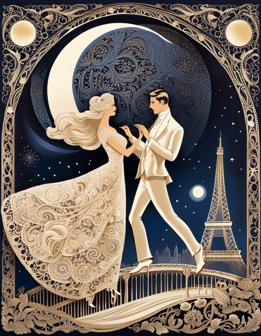 Parisian Dance: A Whimsical Lace Art Illustration