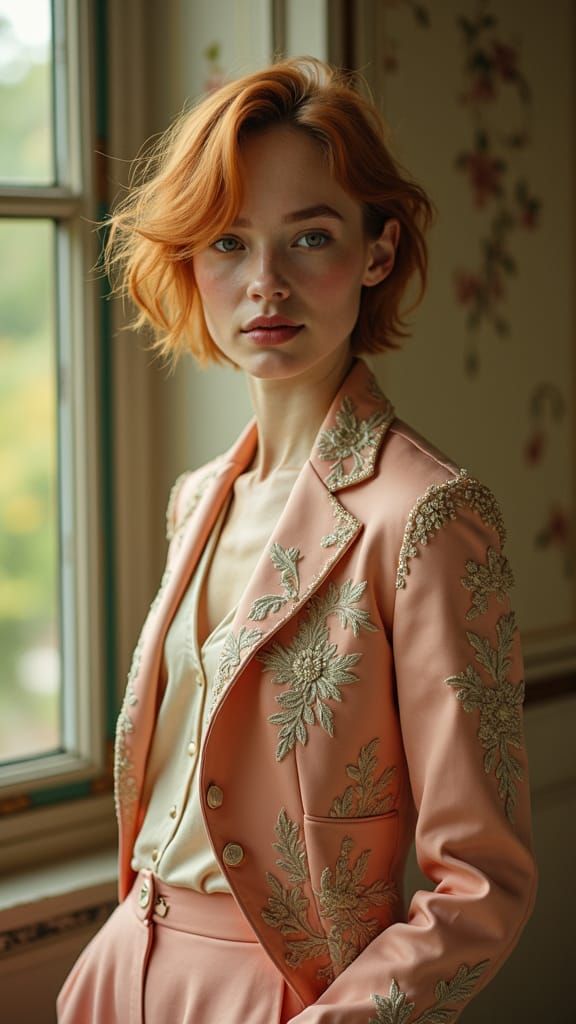 on a cream-colored background a young slender woman, with sh...