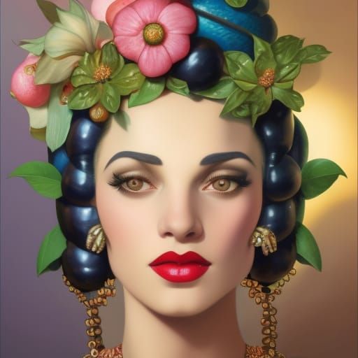 Art Deco Pin-Up Portrait with Flowers and Scarabs