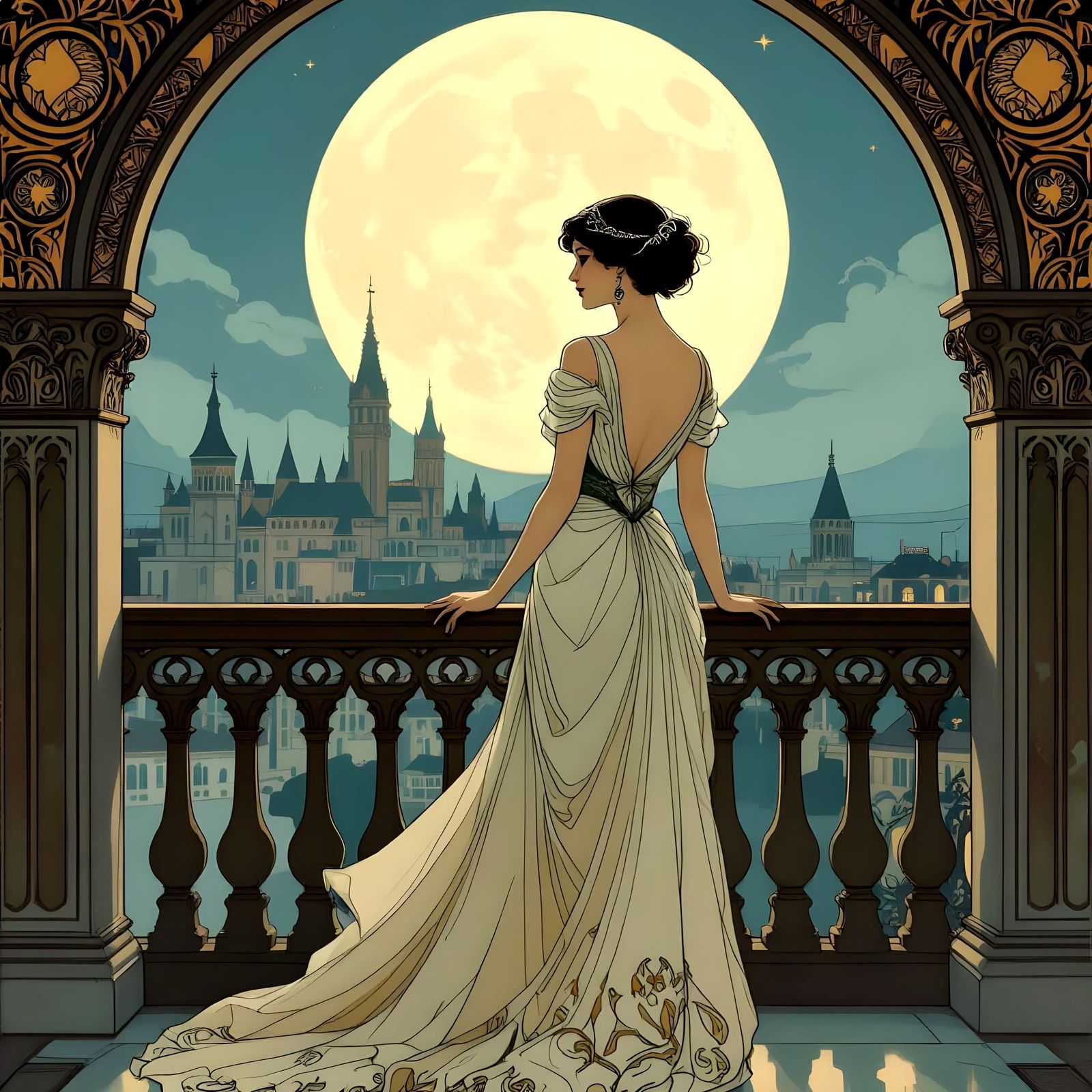 Art Nouveau Woman on Balcony Overlooking Fantasy Kingdom