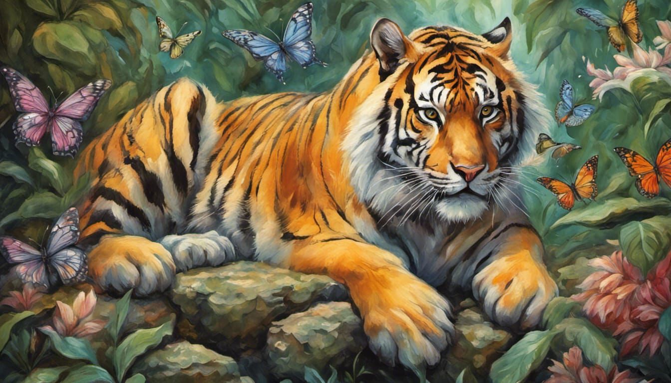 Tiger in Jungle with Butterflies: Gouache Watercolor Art