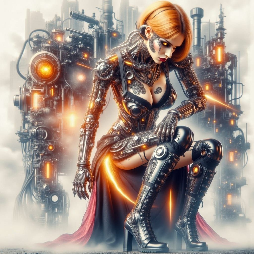 Steampunk Cyborg in Victorian Alleyway