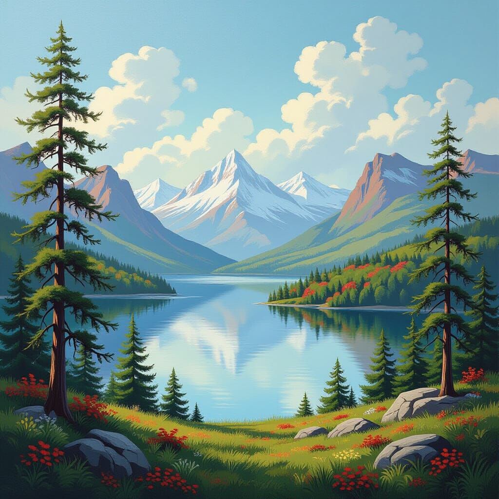 Majestic Landscape Painting with Rolling Hills and Lake
