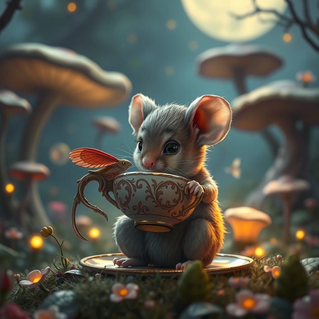 Whimsical Mouse Sips Tea Under Glowing Mushrooms