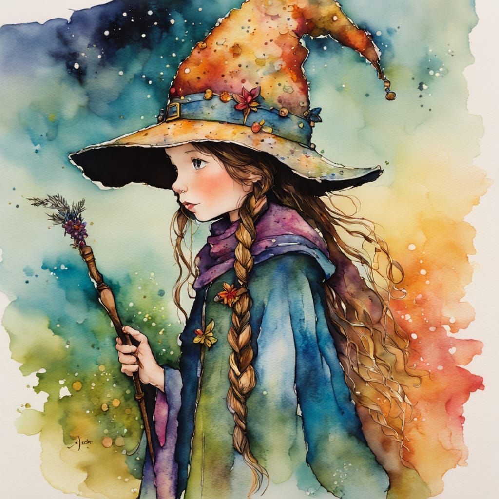Girl Wizard in Chiaroscuro Ink and Watercolor
