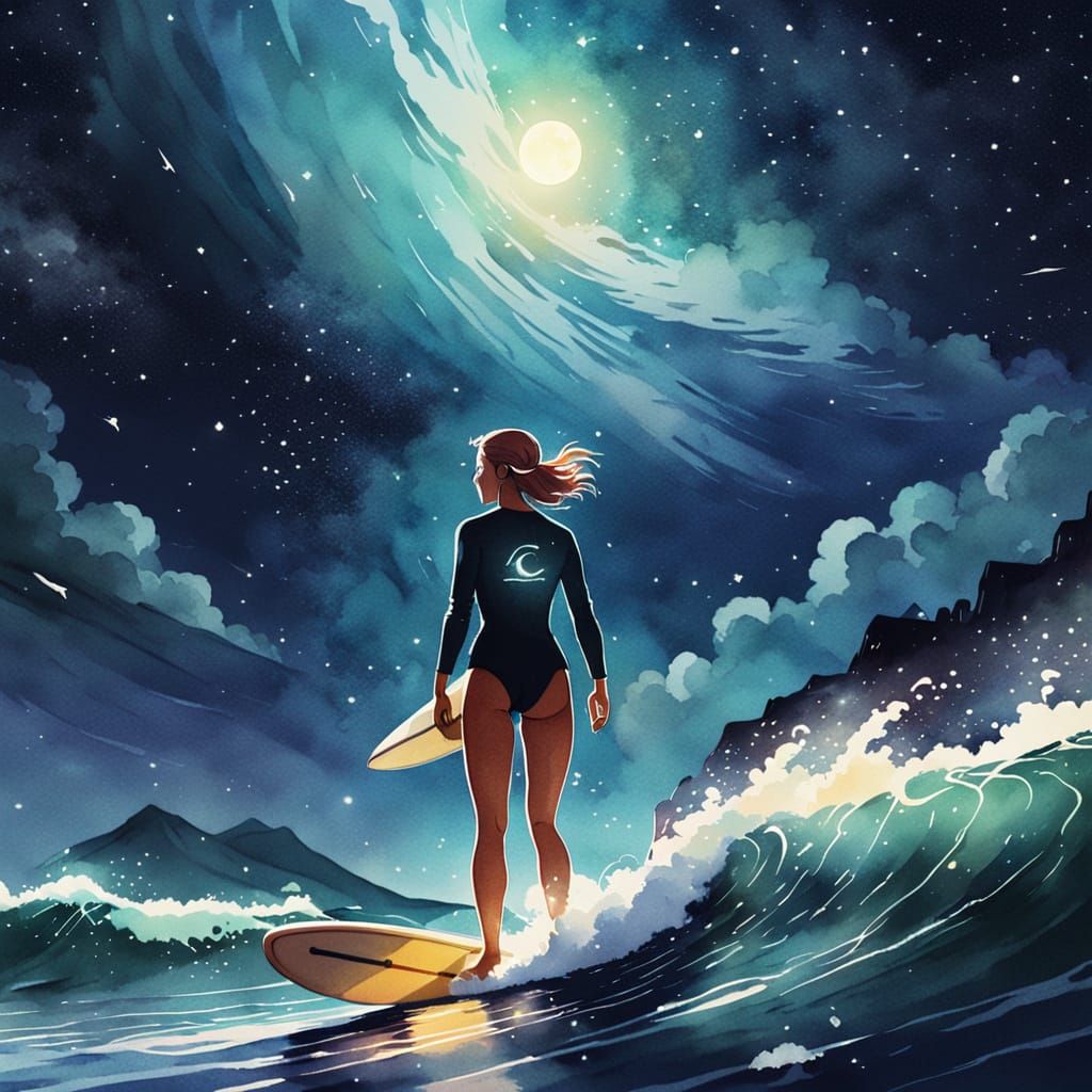 Surfer Woman Under Stars: Watercolor Dreamscape