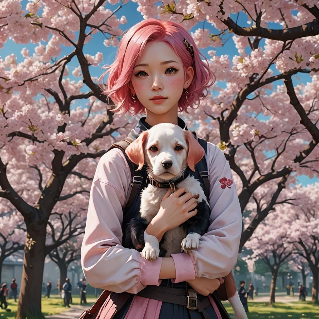 Pink-Haired Woman with Dog: Anime-Inspired 3D Art