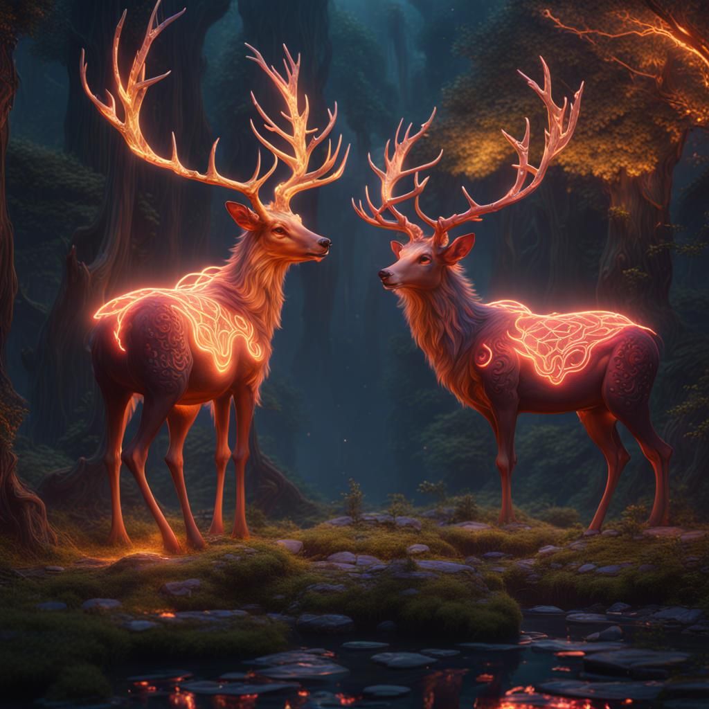 Two Magical Glowing Deer in Detailed Digital Painting