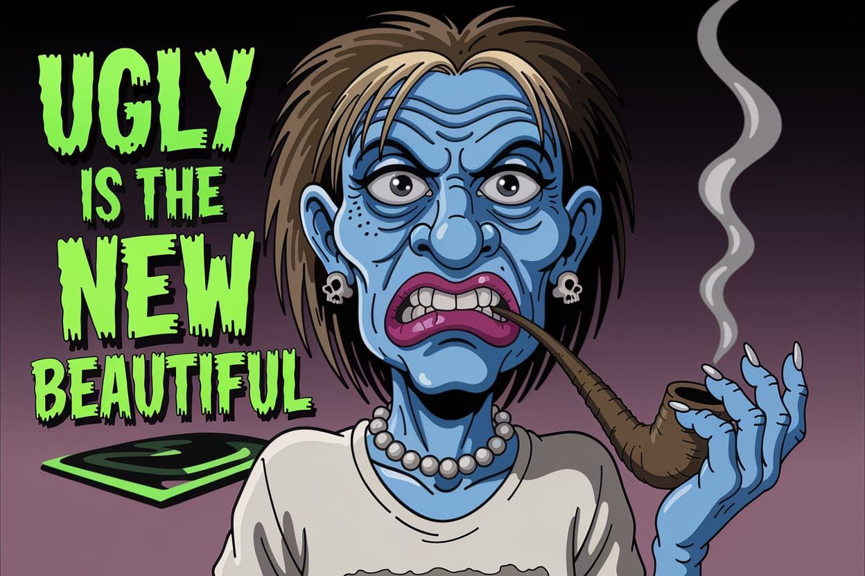 Ugly Woman Smoking Pipe in R. Crumb Cartoon Style