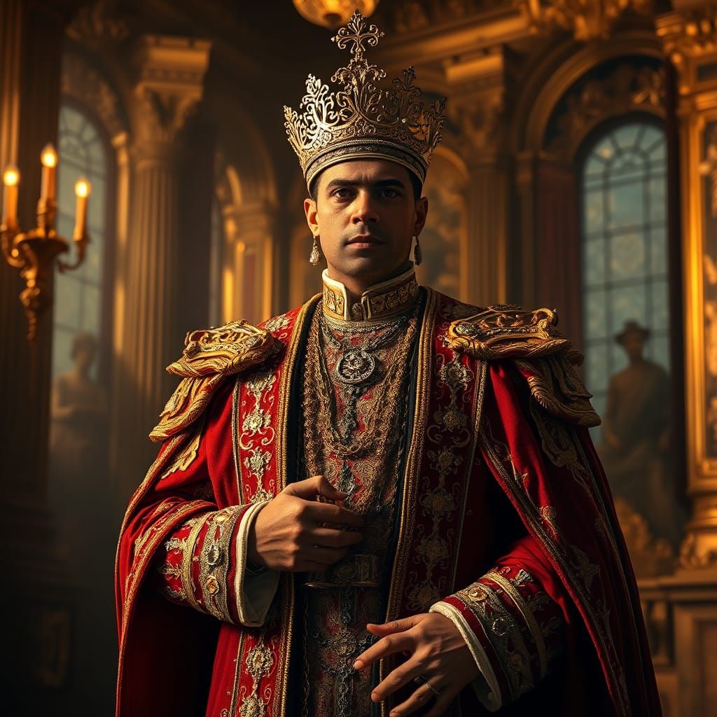 Regal Figure in Opulent Setting, Basquiat and Mucha Style