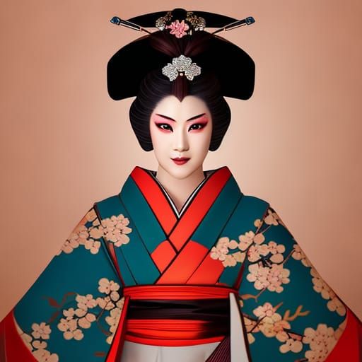 Geisha with Kimono and Cherry Blossoms, Detailed Portrait