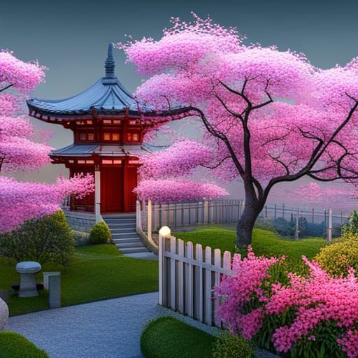 Japanese Garden with 3D Cherry Blossoms