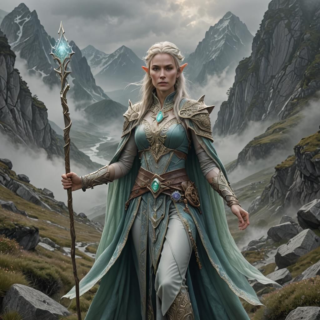 Elven Sorceress on Alpine Trail in High-Fantasy Style