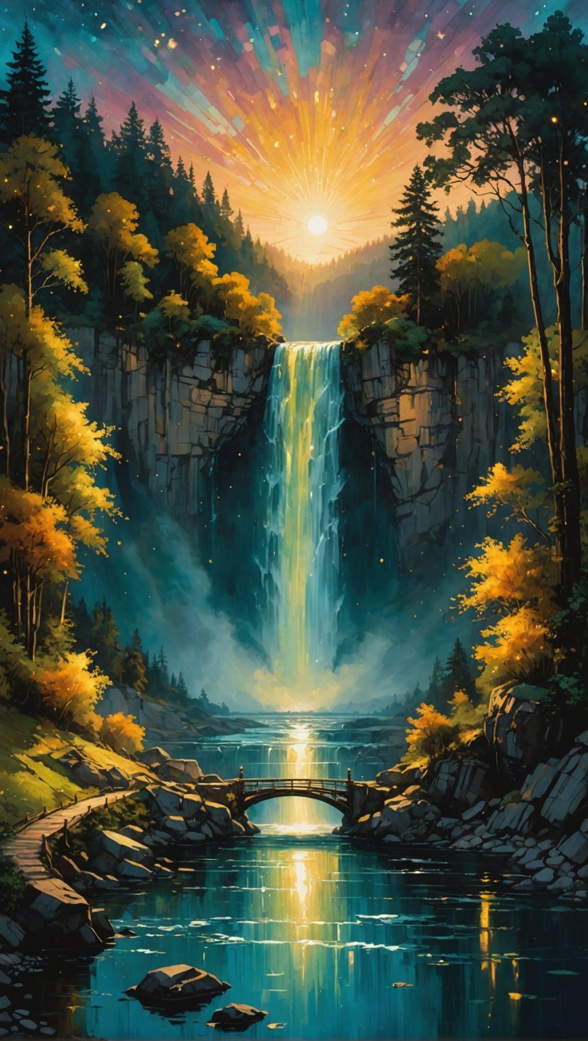 Fantasy Waterfall Painting with Golden Light
