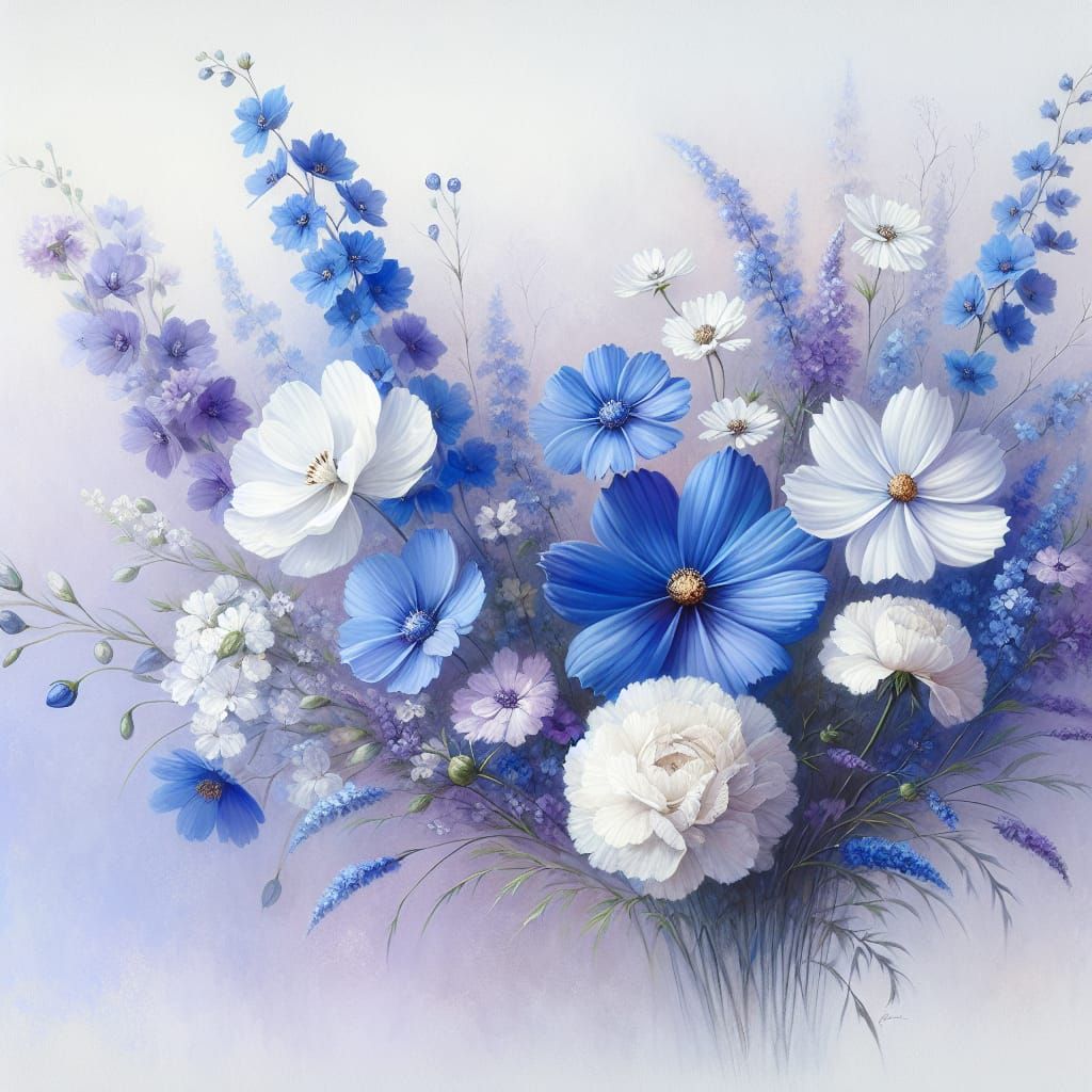 Bouquet of blue cosmos, blue delphiniums, white gardenia and...
