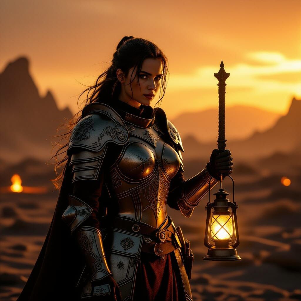 Determined Paladin in Hellish Landscape with Lantern