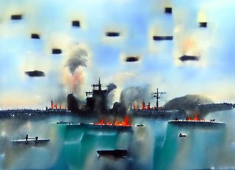Burning WWII Battleships Shooting at Torpedo Bombers