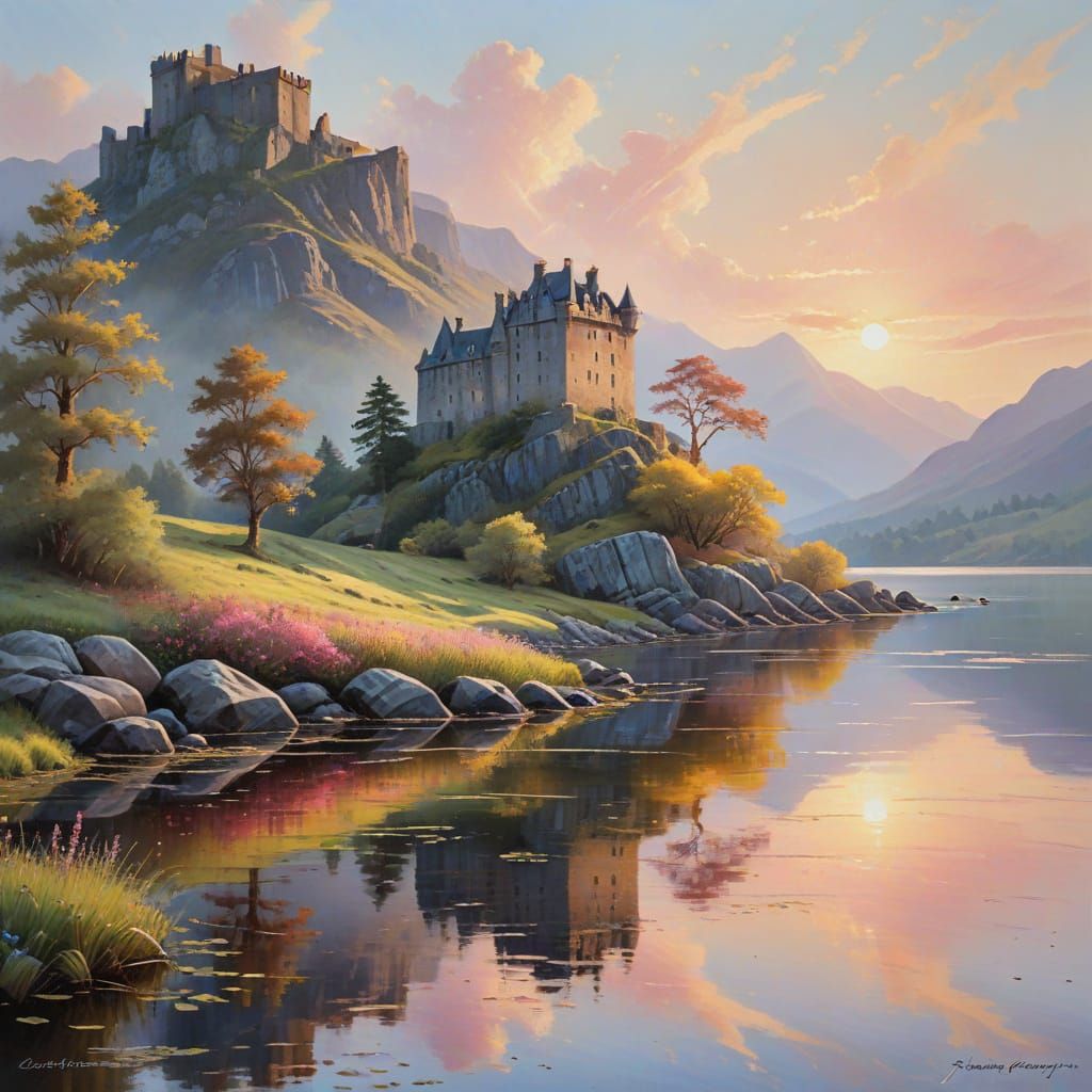 Stunning Scottish Castle Overlooks Serene Loch at Pastel Sun...