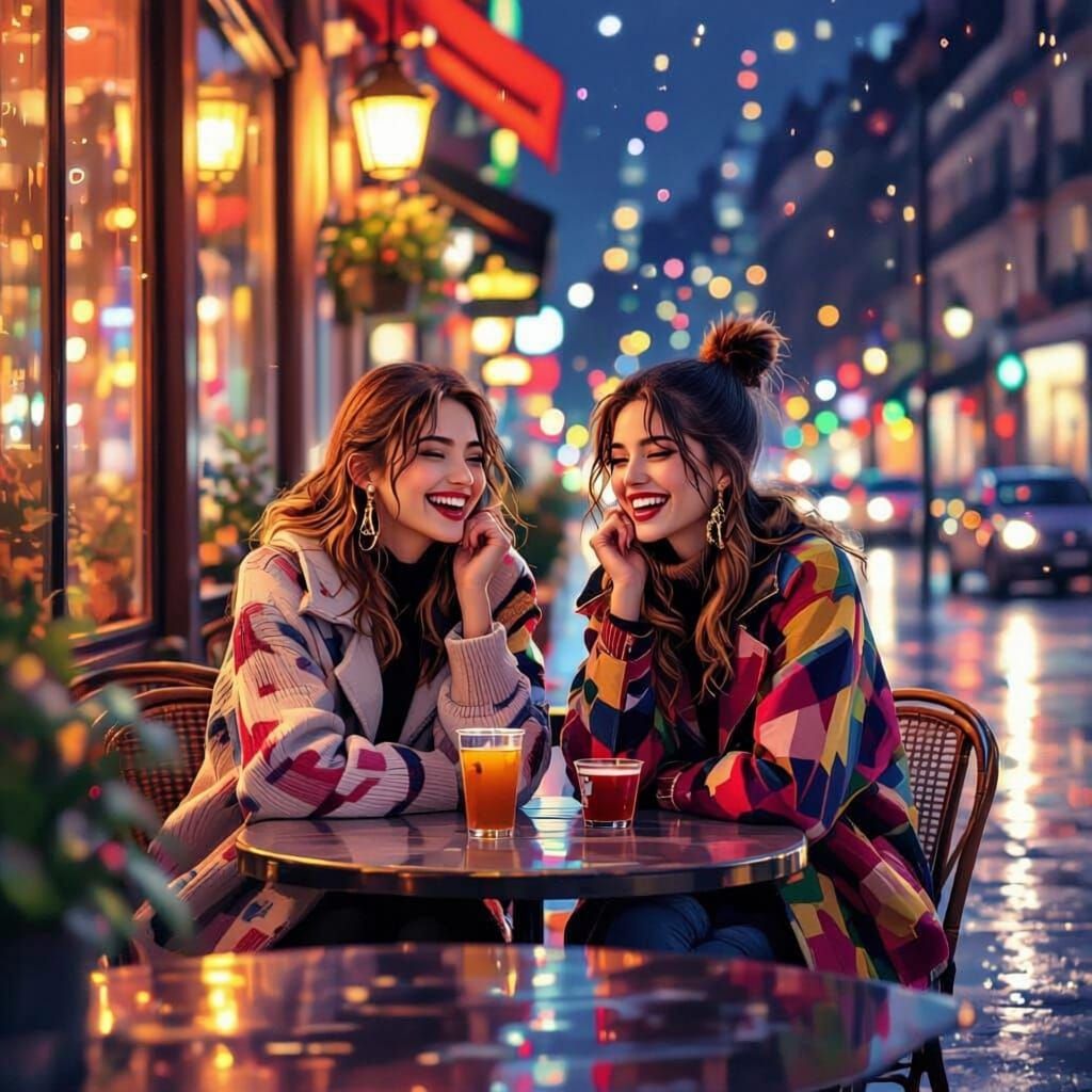 Two Friends Enjoying Drinks at a Nighttime Cafe
