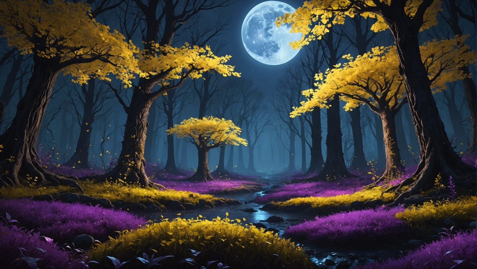 Fantasy Forest Under Moonlight, Detailed Matte Painting