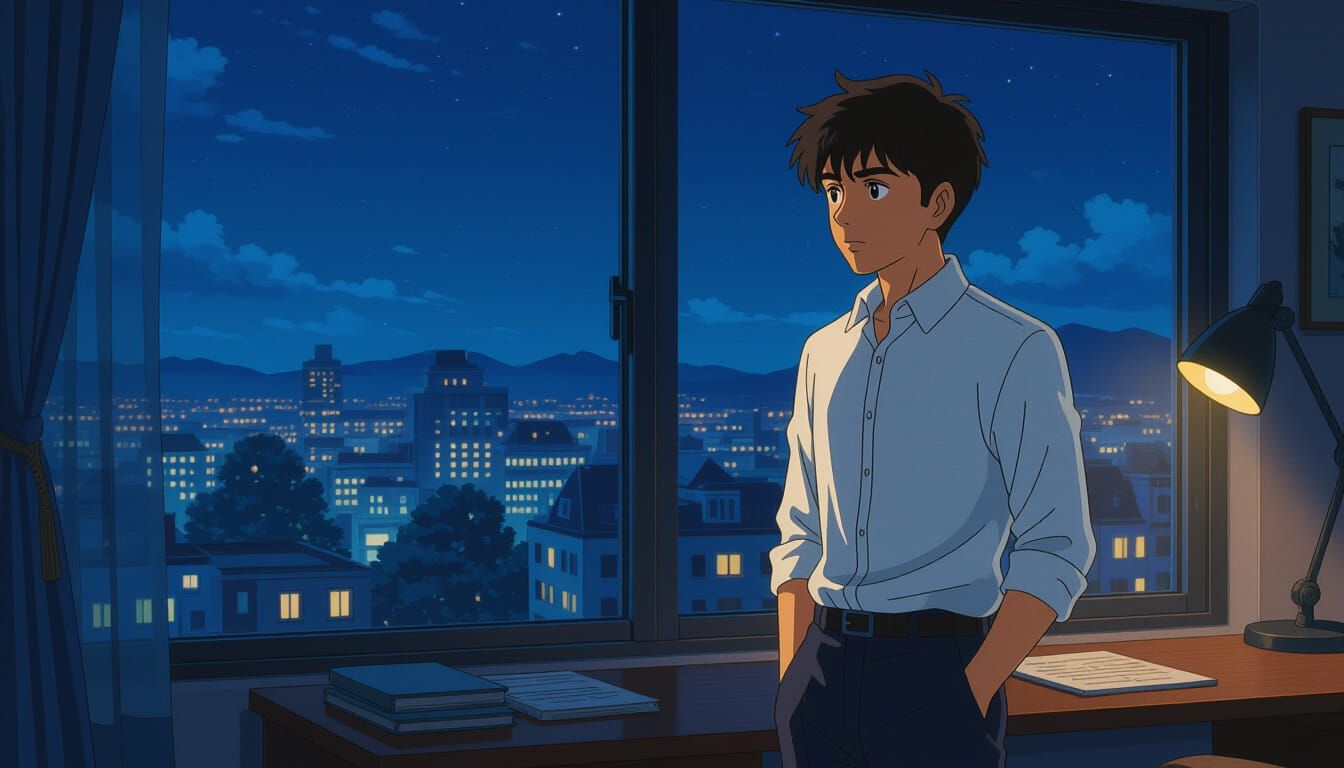 Teenage Indian Boy in Home Office at Night