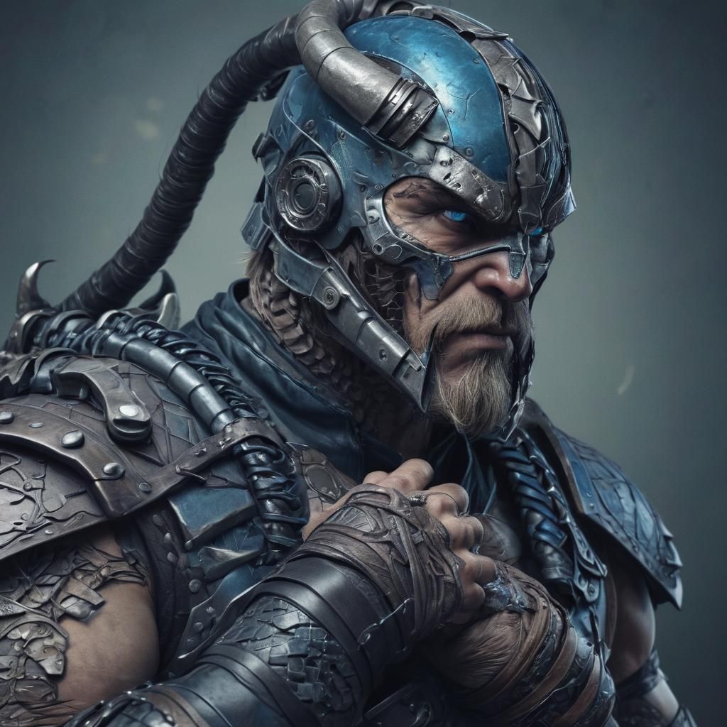 Cybernetic Viking Berserker with Snake in Dark Fantasy