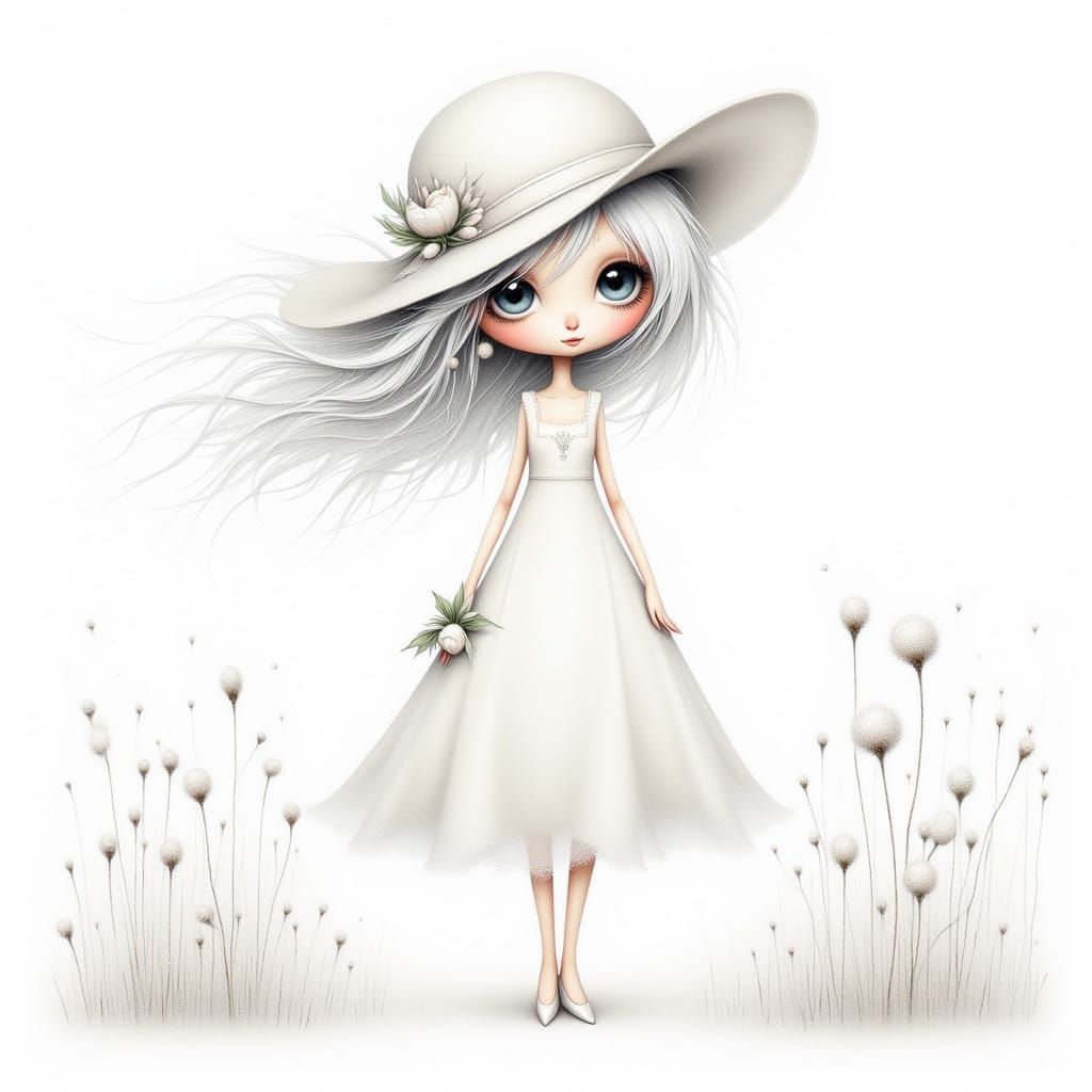 Whimsical White Doll in Snow Sketch