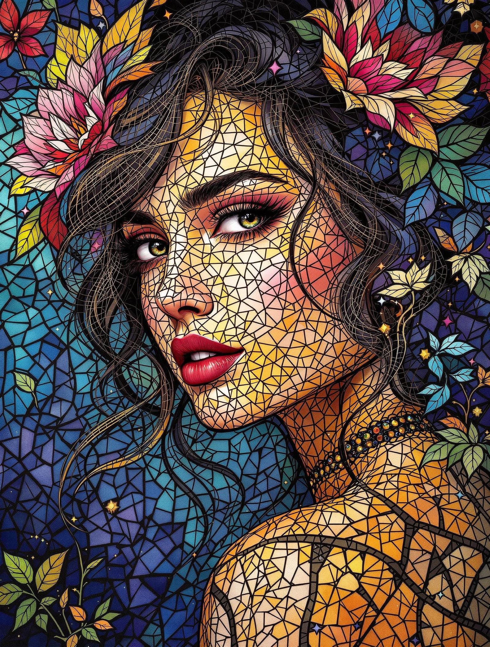 Mosaic, cell shading, portrait of a beautiful woman