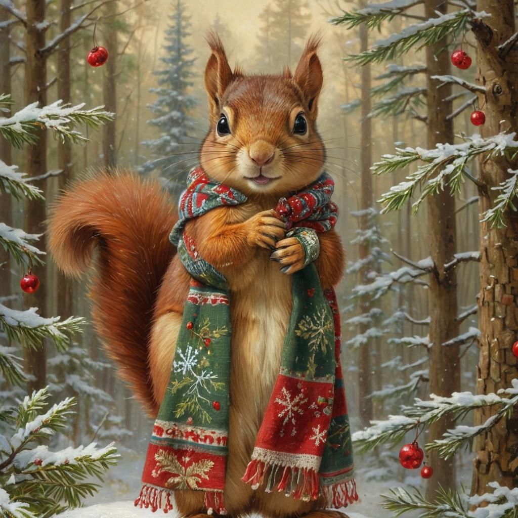 Festive Chipmunk with Gift: A Christmas Oil Painting