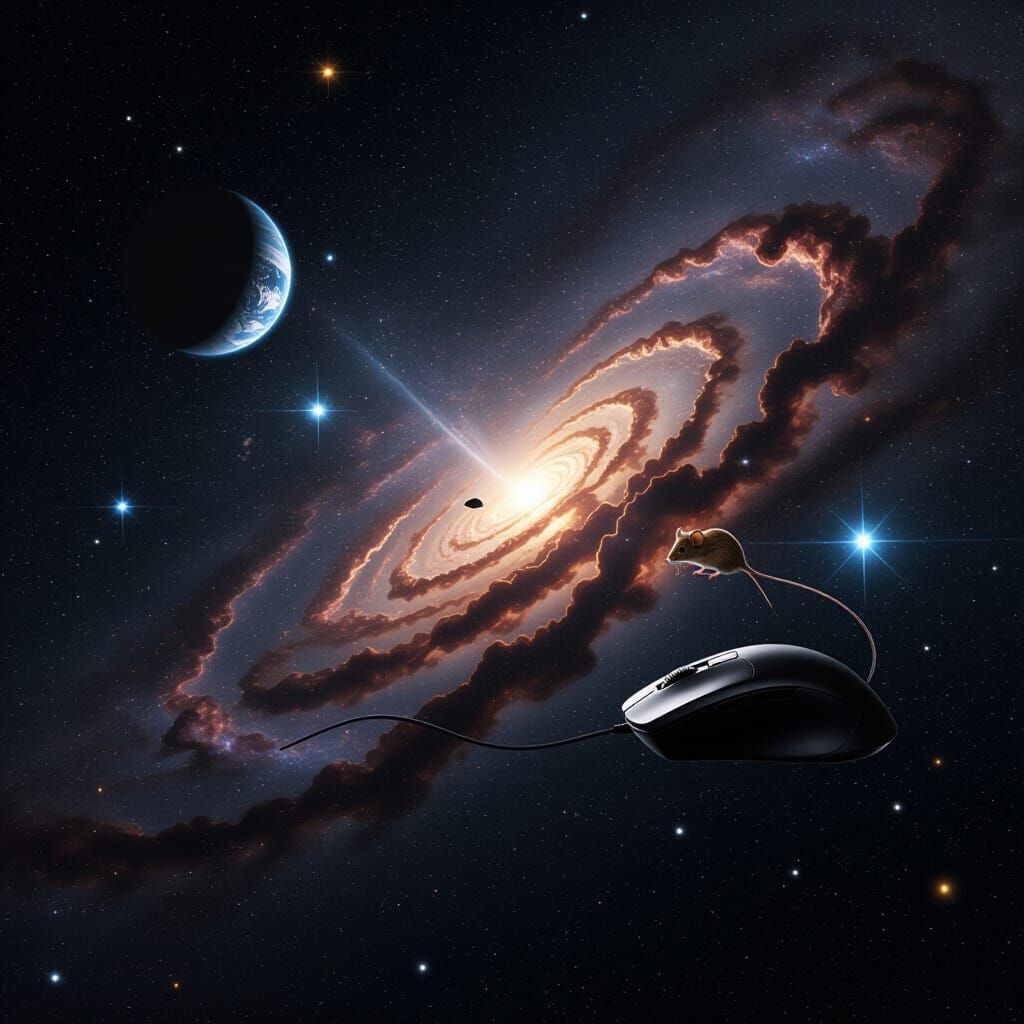 Mouse and Computer Mouse Floating in Black Galaxy