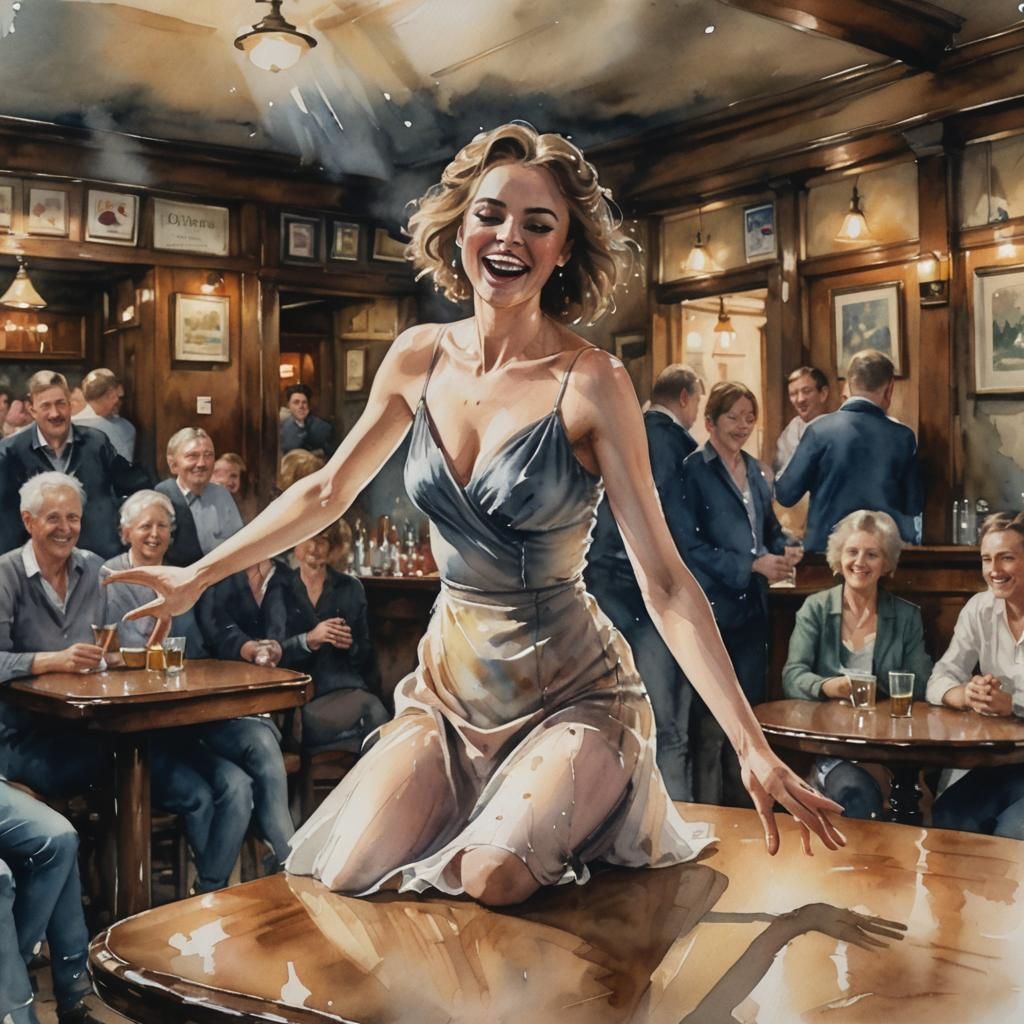 Graceful Dancer Entertains Pub Patrons in Watercolour