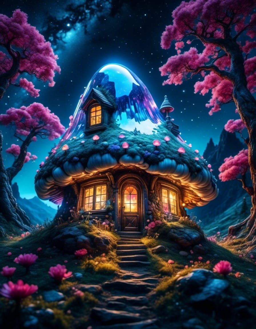 Sparkling Crystal Mushroom House in Gouache Style