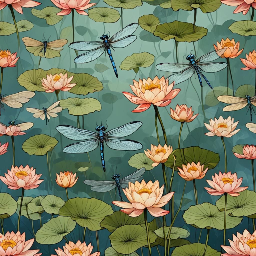 Abstract Dragonflies on Lotus Flower Art