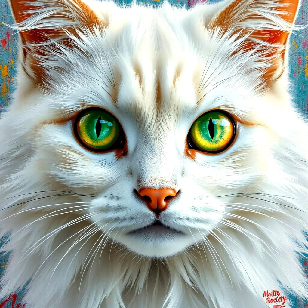 Vibrant Street Art Portrait of a White Cat with Emerald Eyes