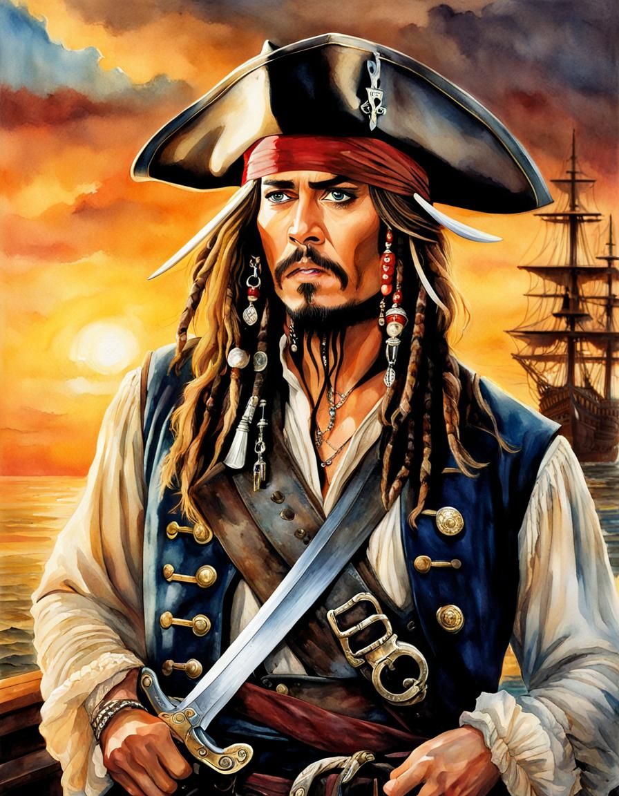 Pirate Captain Portrait in Watercolor with Surreal Elements