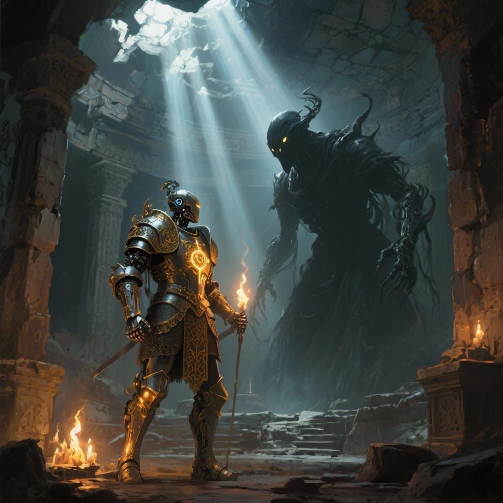 Cyborg Knight Confronts Eldritch Being in Temple