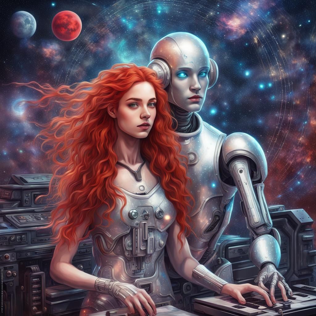Silver Robot Lover in Galaxy, Astral Illustration