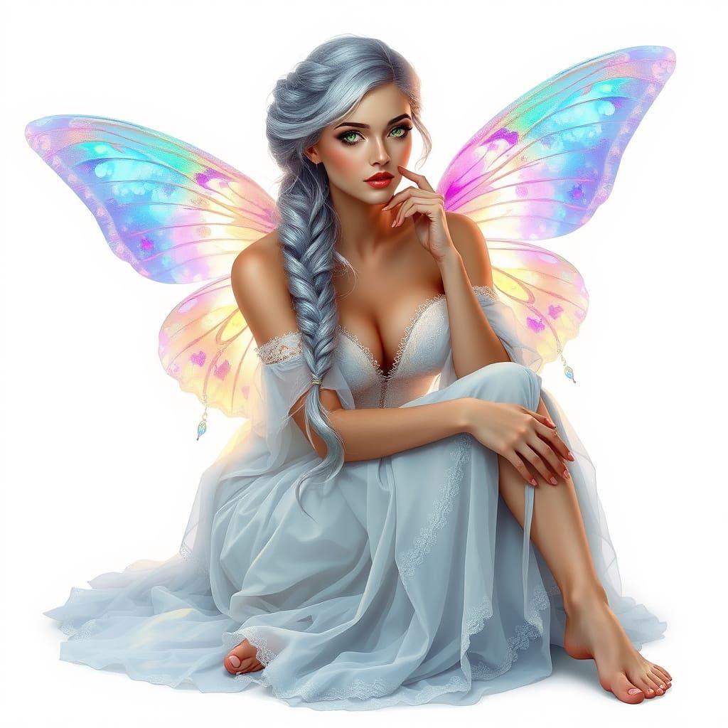 centered, beautiful woman, with big sparkling green eyes and long white silver hair in a braid, beautiful small iridesce...