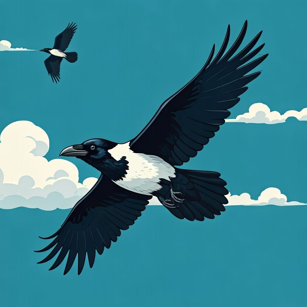 Pied Crows Soaring in Blue Sky, Ligne Claire Style