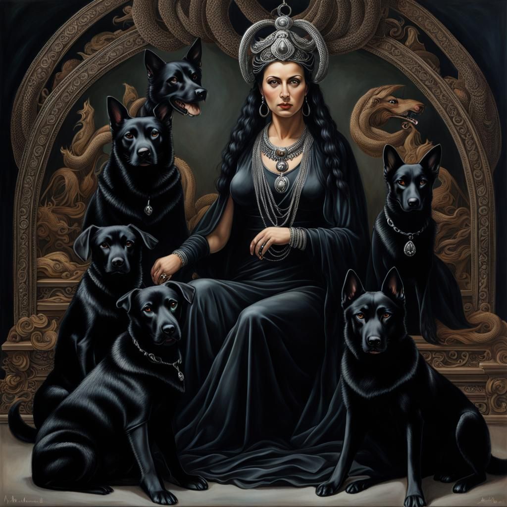 Goddess Hecate Portrait with Black Hounds