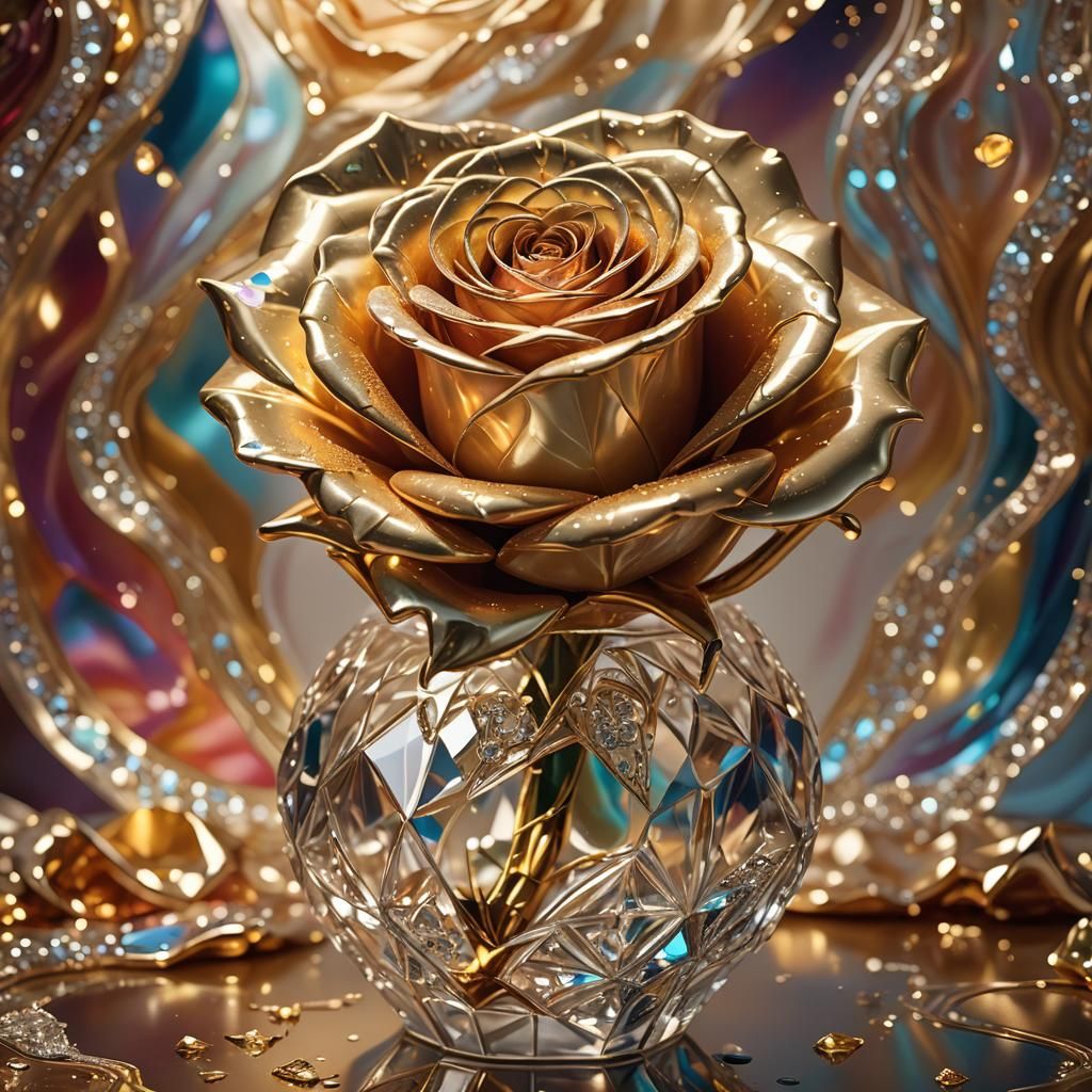 Melting Gold Rose in Diamond Vase: Hyperrealistic Art