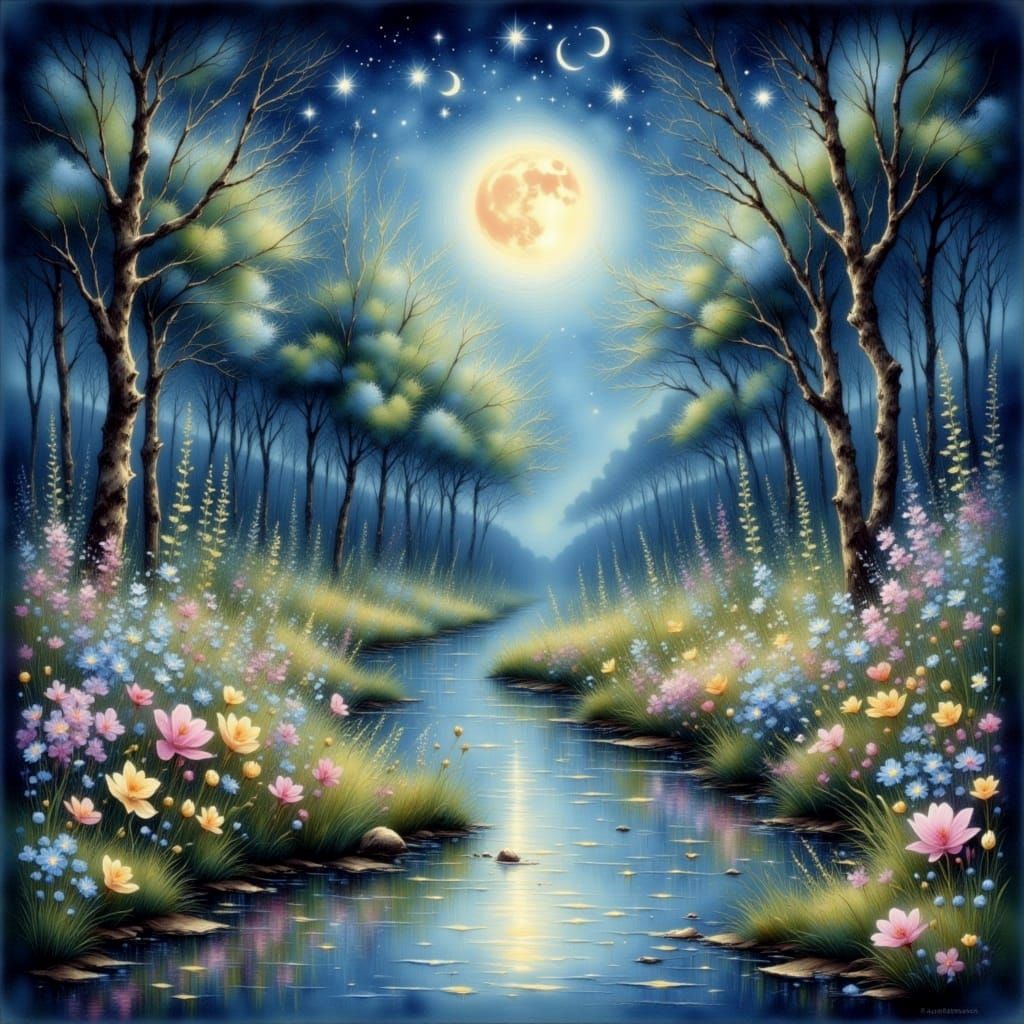 Moonlit Garden in Impressionistic Watercolor Style
