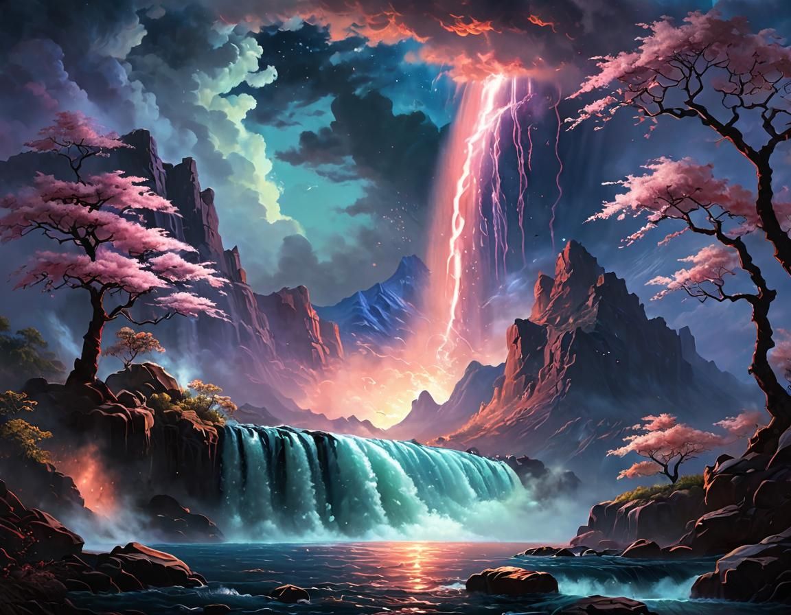 Underwater Volcano: UV Glowing Waterfall Oil Painting