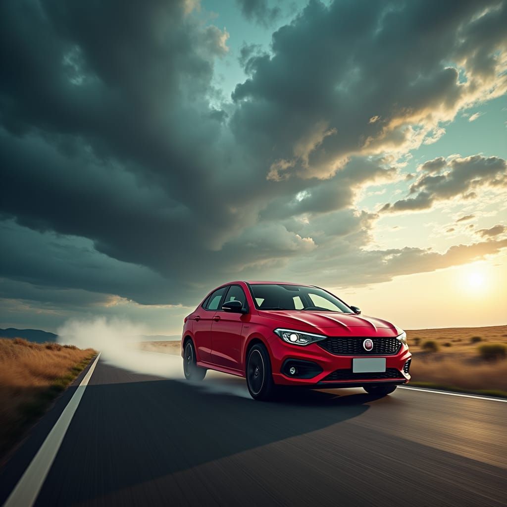 Red Fiat Brava Against Dramatic Stormy Sky