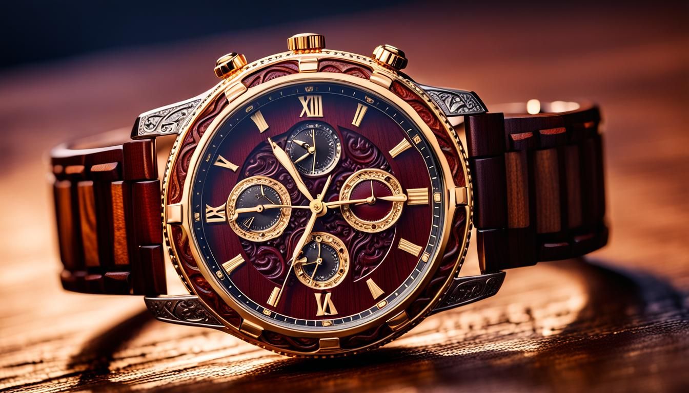 Luxury Watch with Carved Wood and Red Silver