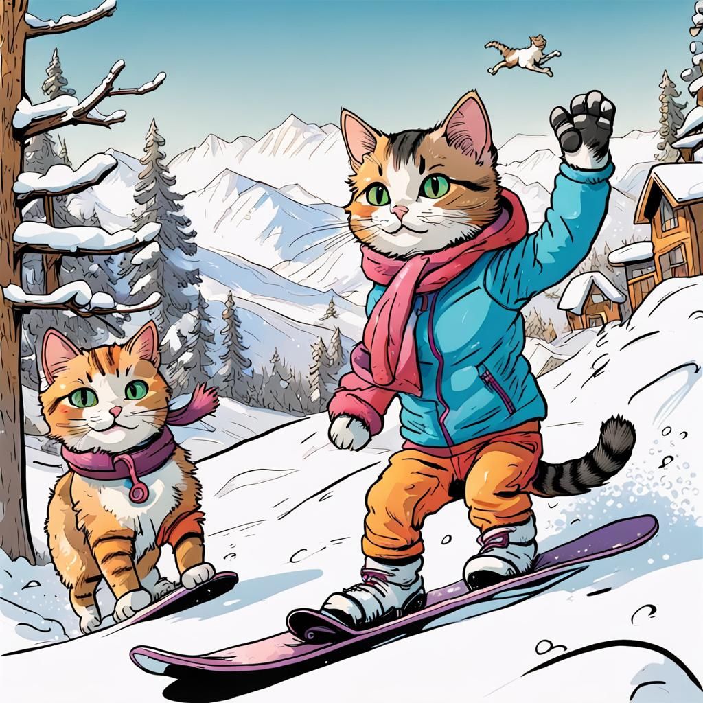 Cats Snowboarding: Colorful Comic Sketch in the Snow