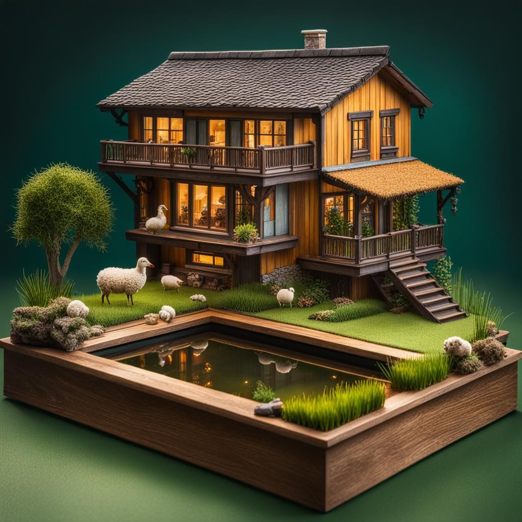 Hyperrealistic Miniature Wooden House with Lawn and Pond